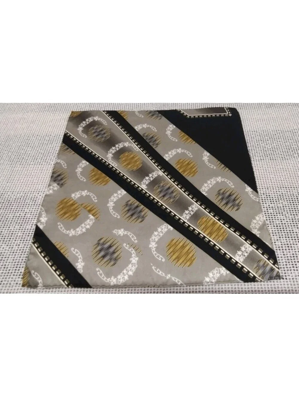 Vintage Fine Silk Hankie Art Deco Design Black Gray Gold Accents 1980s Menswear